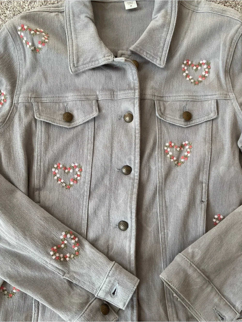 Coldwater Creek Embroidered Floral Heart Knit Denim Jacket Gray Sz M